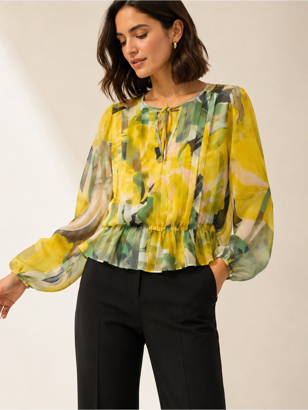 White House Black Market Yellow Floral Pleated Peplum Blouse S